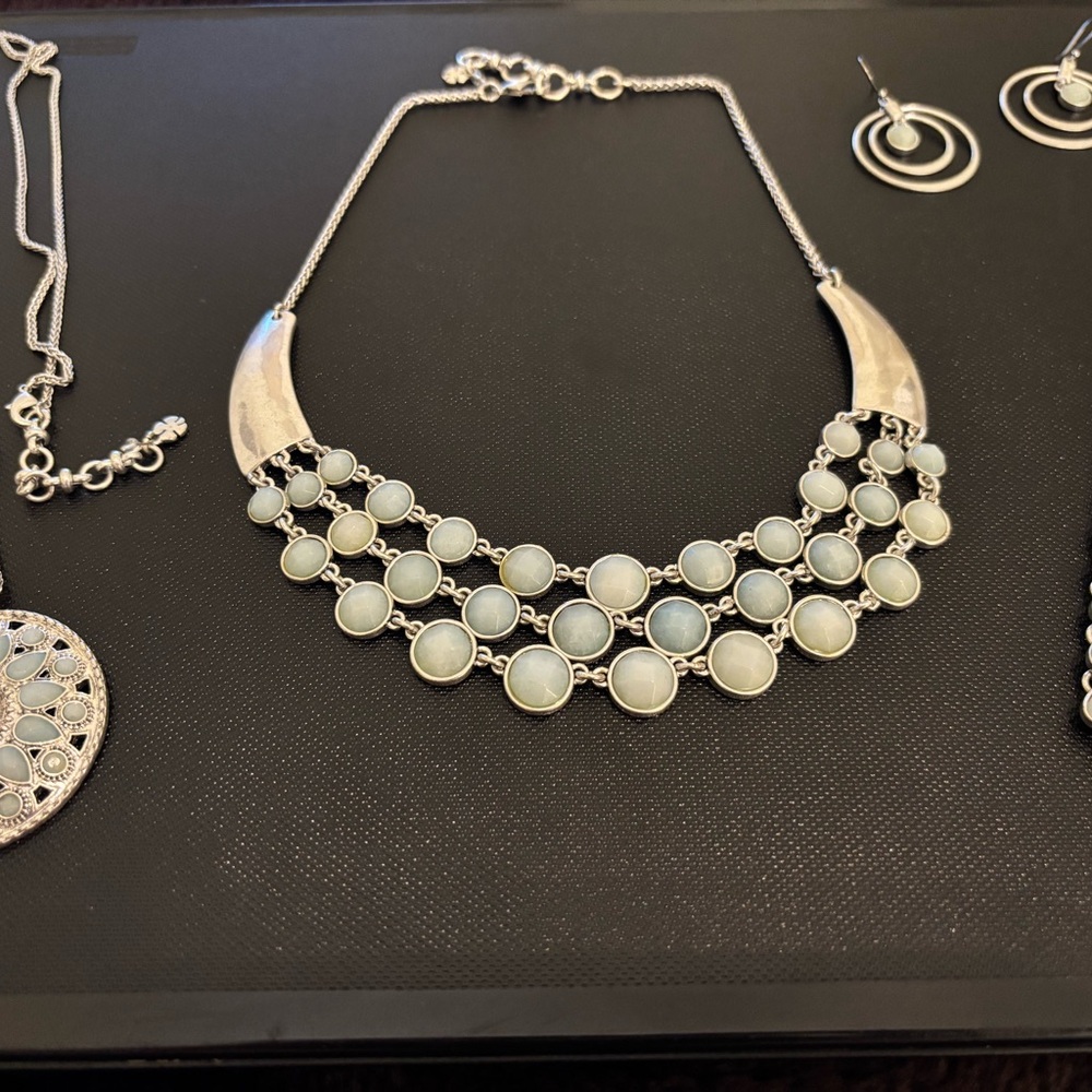 Chic Silver and Blue Statement Necklace Ensemble, Like New